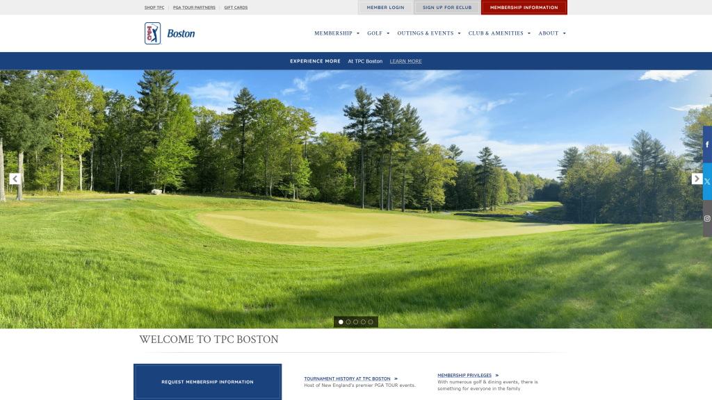 screenshot of the TPC Boston nicest golf courses in massachusetts homepage