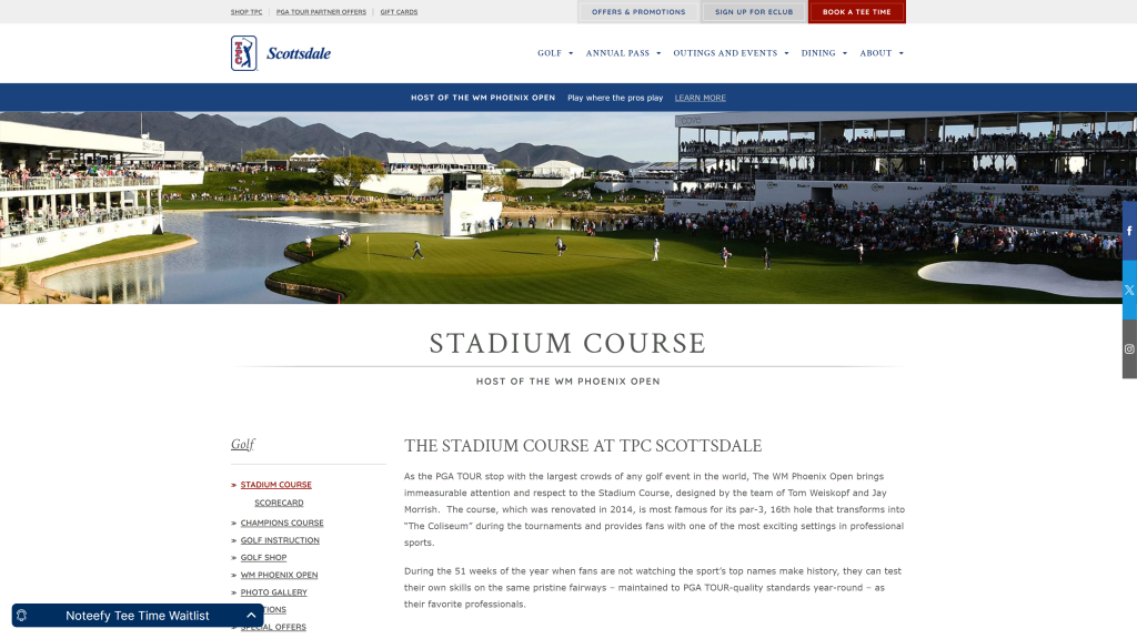 screenshot of the TPC Scottsdale, Stadium Course homepage