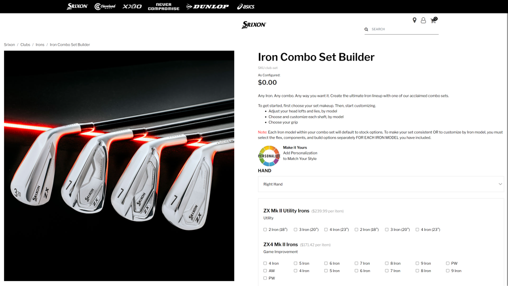 screenshot of the srixon best golf club brands homepage