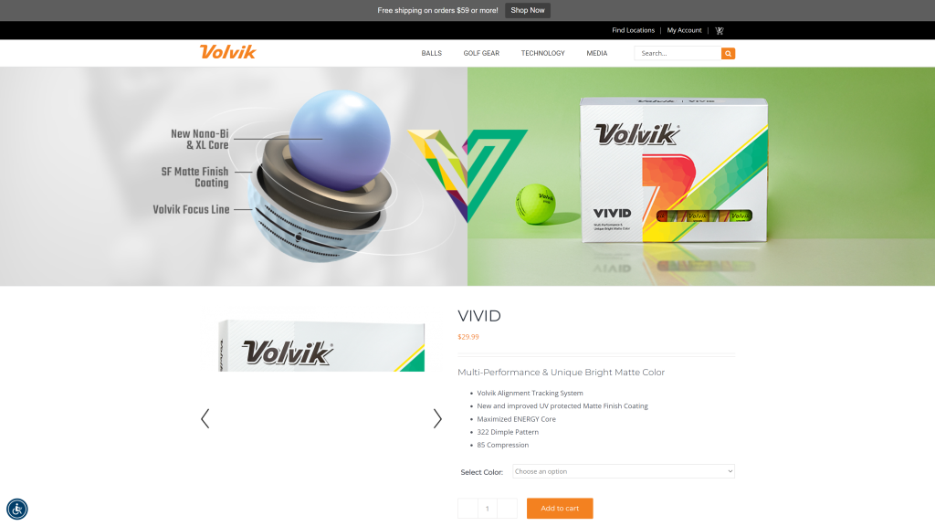 screenshot of volvik new vivid best golf balls for women homepage