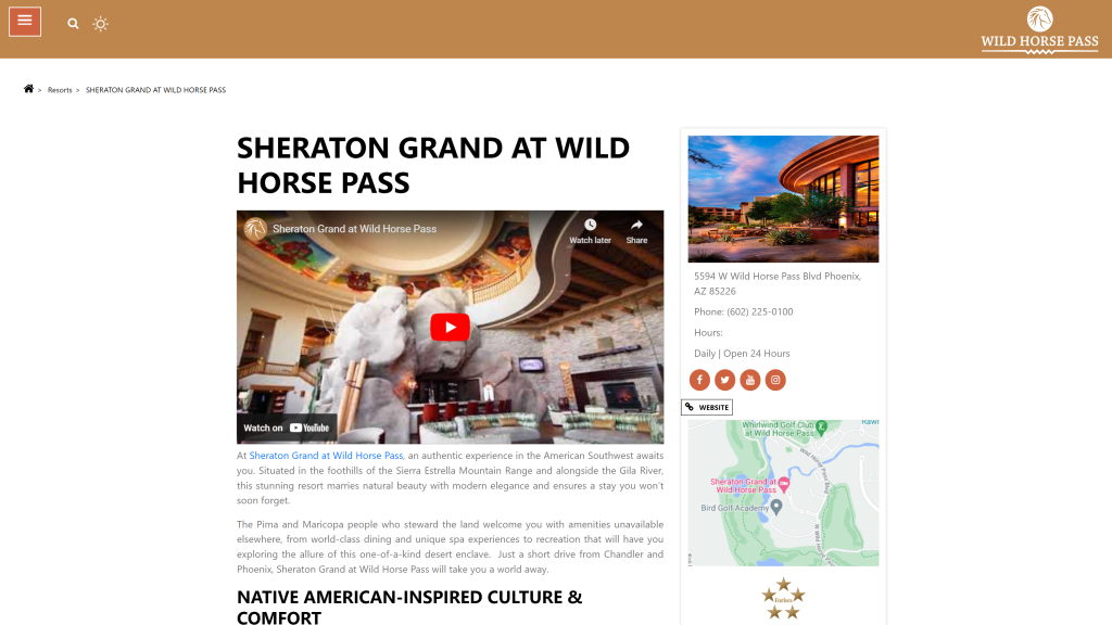 screenshot of the wildhorse pass sheraton grand homepage