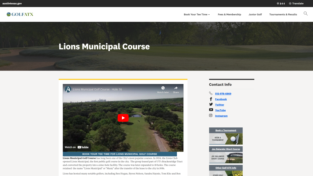 screenshot of the lions municipal golf course best golf course in austin texas homepage