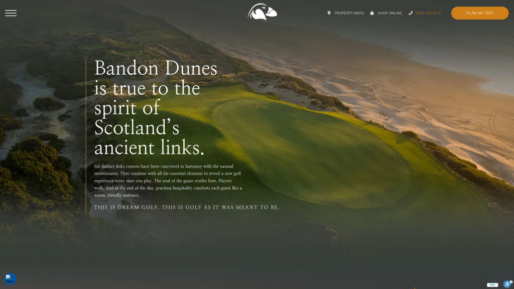 screenshot of the bandon dunes golf homepage