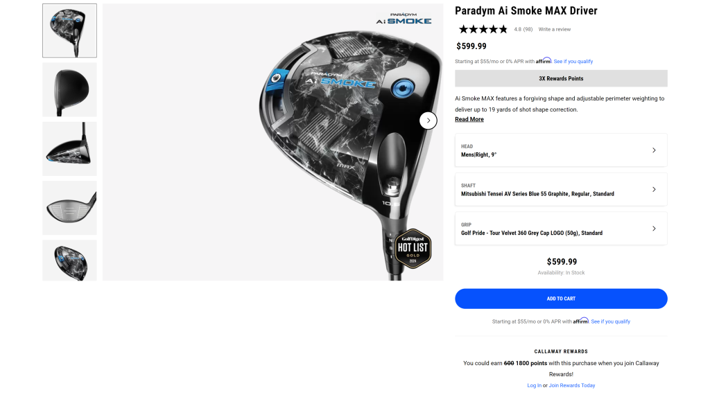 screenshot of the Callaway Paradym Ai Smoke Max Driver best golf driver for mid handicappers homepage