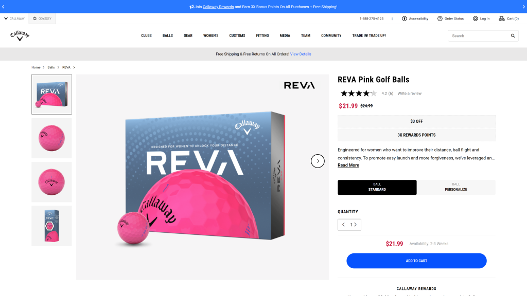screenshot of the callaway reva golf balls homepage
