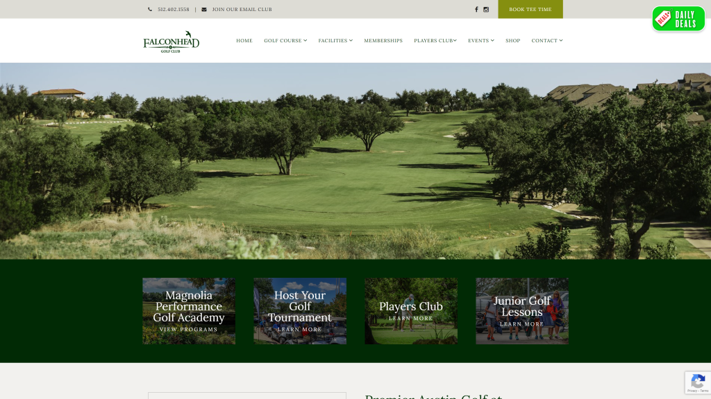 screenshot of the falcon head golf club best golf course in austin texas homepage