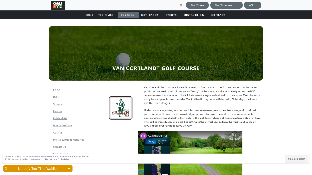 screenshot of the Van Cortlandt Golf Course public golf courses new york homepage