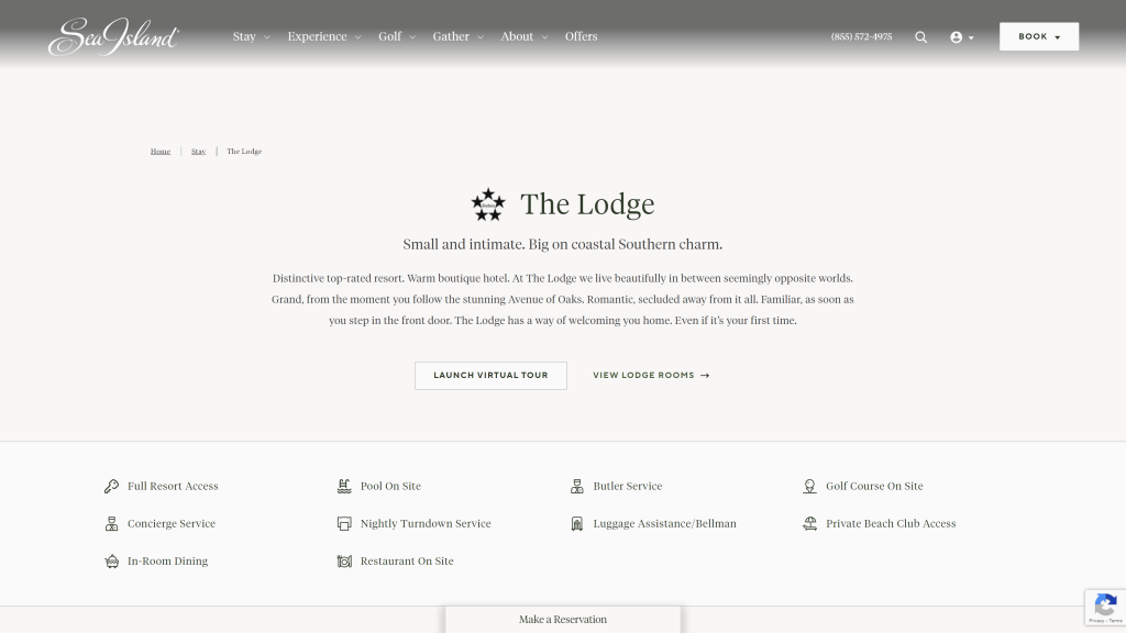 screenshot of the sea island stay the lodge homepage