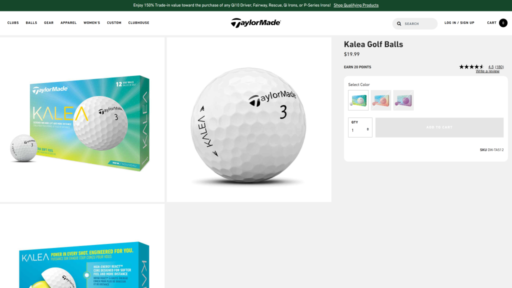 screenshot of the taylormade kalea best golf balls for women homepage