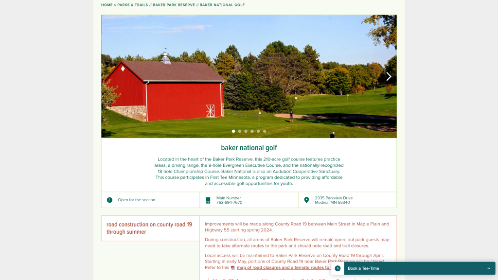 screenshot of the baker national golf course best public golf courses in minneapolis homepage