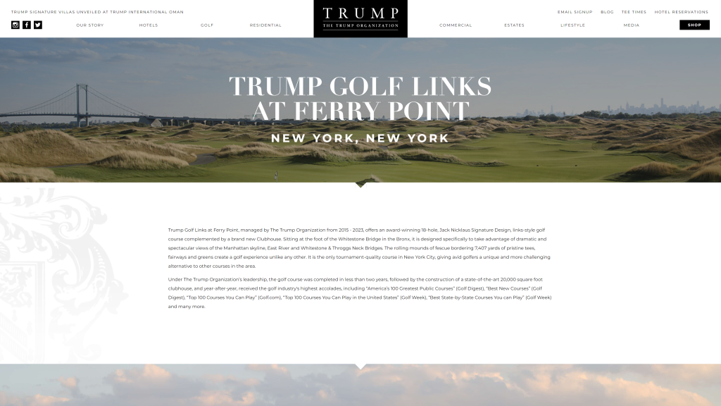 screenshot of the Trump Golf Links at Ferry Point best golf courses in New York homepage