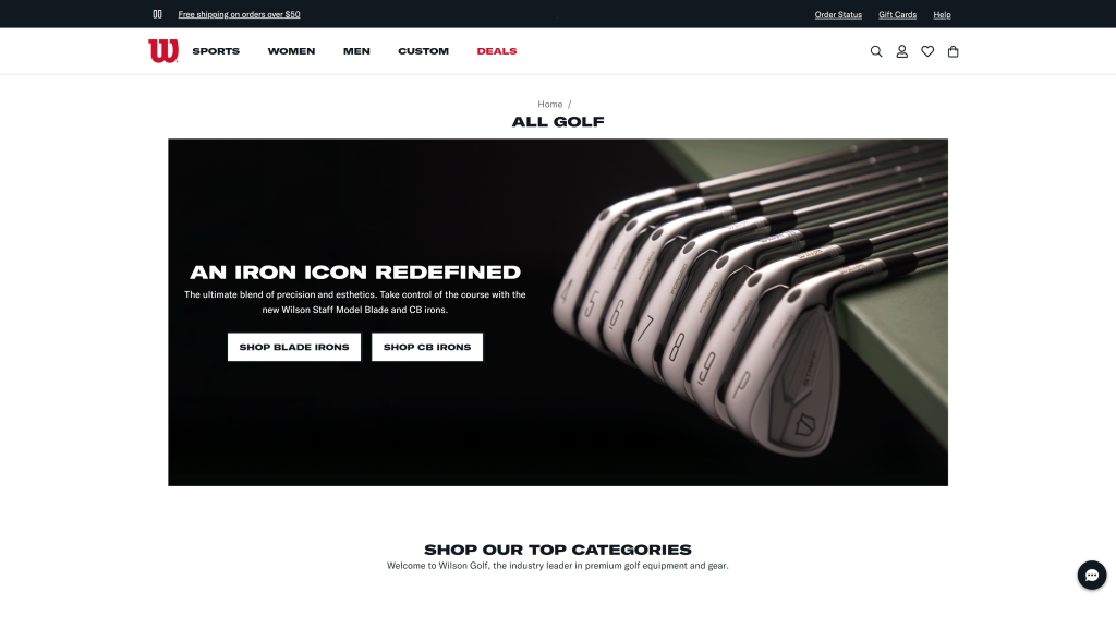 screenshot of the wilson best golf club brands homepage