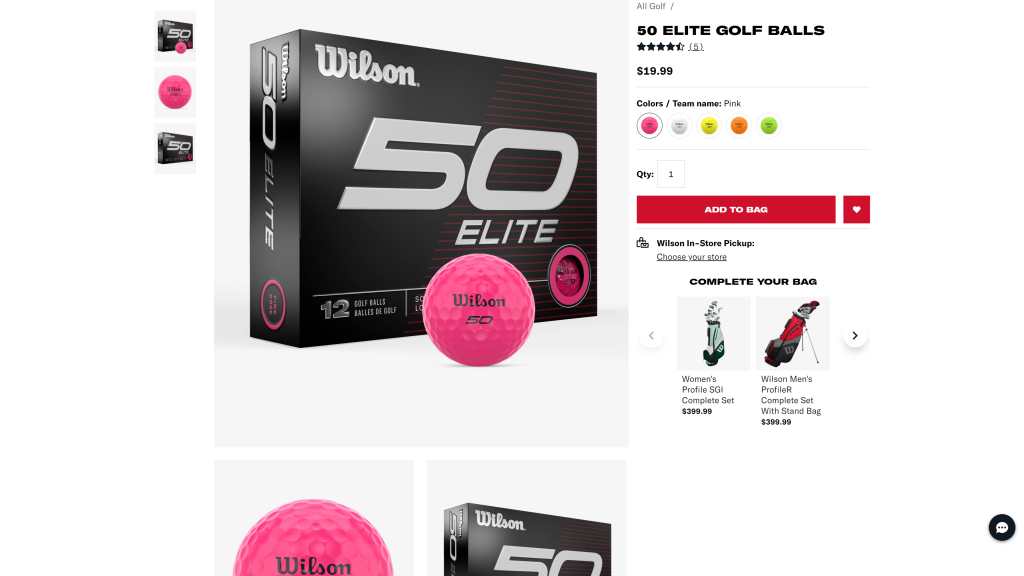 screenshot of the wilson 50 elite golf balls homepage