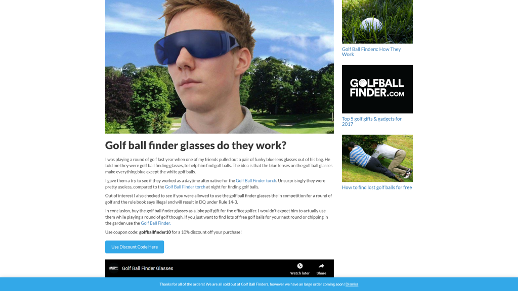 screenshot of the Golf ball finder glasses homepage