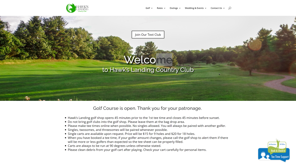 screenshot of the Hawk's country club homepage