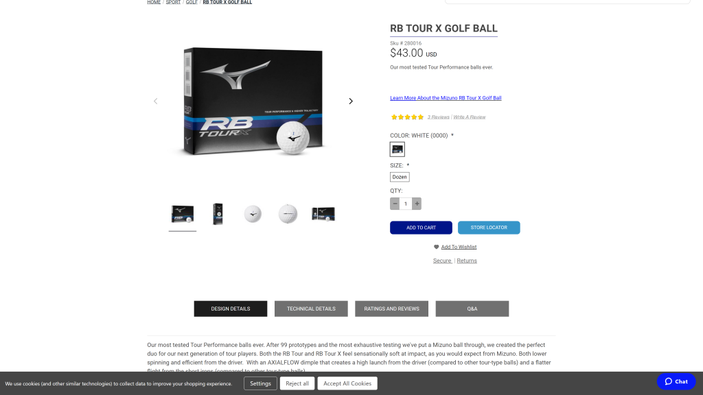 screenshot of the Mizuno RB Tour X Golf Ball homepage