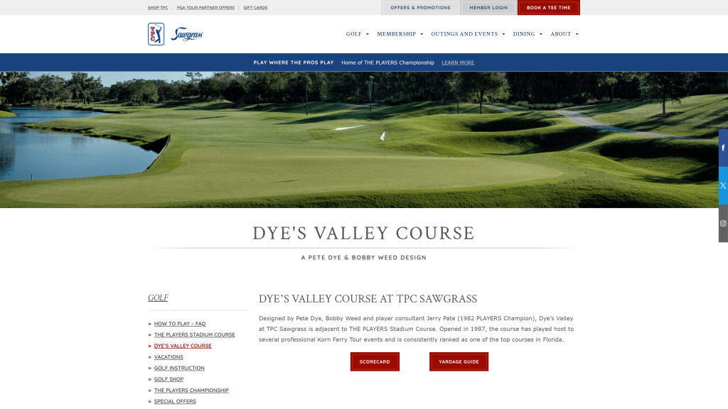 screenshot of the Dye’s Valley, TPC Sawgrass best golf courses in florida homepage