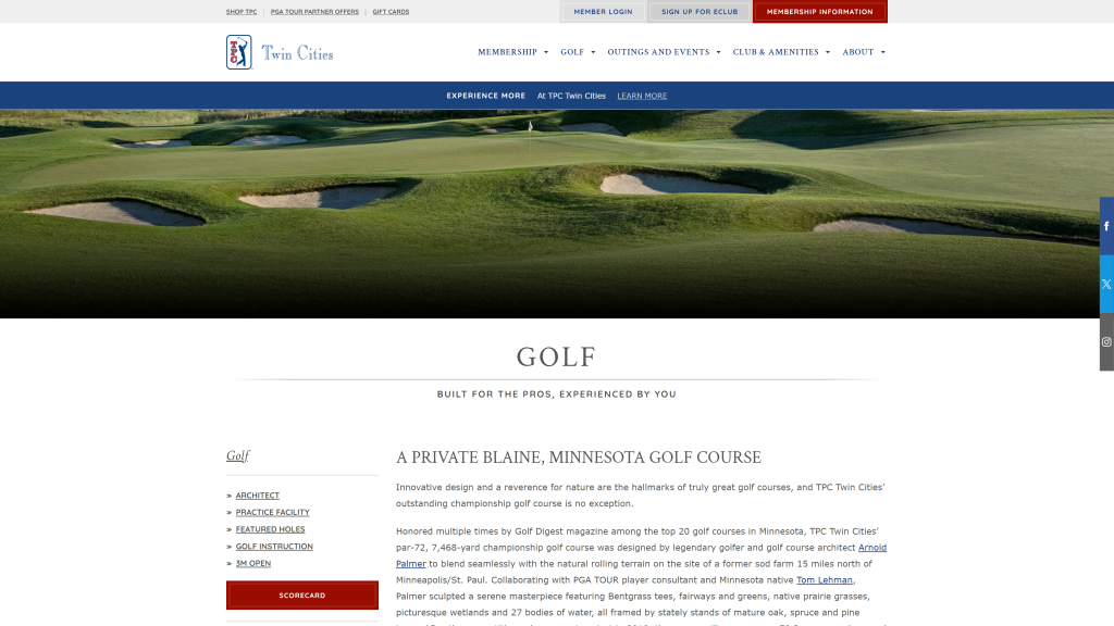 screenshot of the TPC Twin Cities nicest golf courses in minnesota homepage