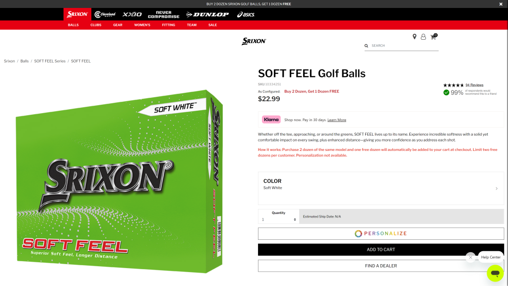 screenshot of the Srixon Soft Feel homepage 