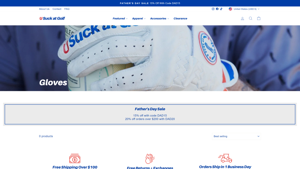 screenshot of the You suck golf glove homepage