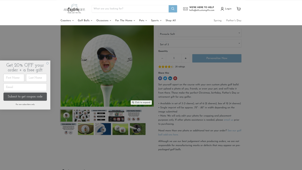 screenshot of the Custom photo golf balls homepage