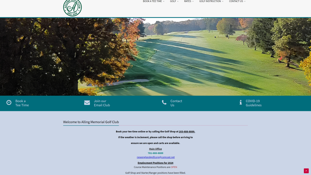 screenshot of the Alling Memorial Golf Course homepage