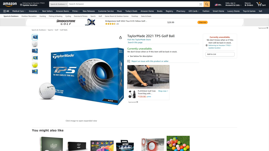 screenshot of the TaylorMade 2021 TP5 Golf Ball homepage