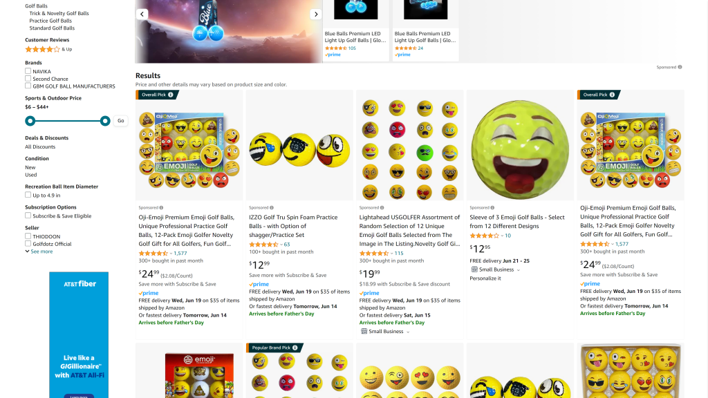 screenshot of the Emoji golf balls funny golf gifts homepage