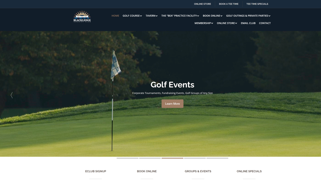 screenshot of the Blackledge Country Club public golf courses in connecticut homepage