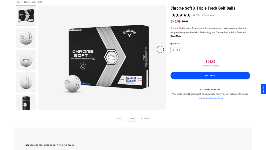 screenshot of the Callaway Chrome Soft X Triple Track Golf Ball best golf balls homepage