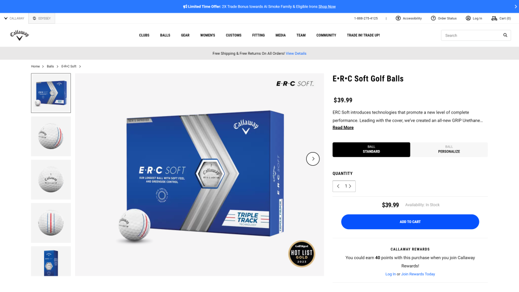 screenshot of the Callaway ERC Soft golf ball best golf balls for distance homepage