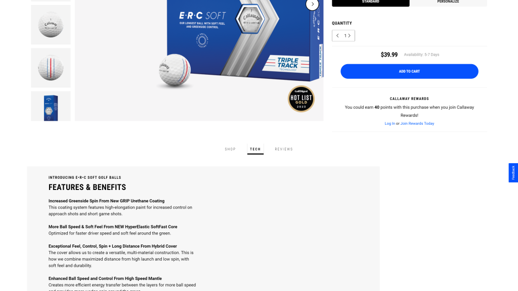 screenshot of the Callaway ERC Soft homepage