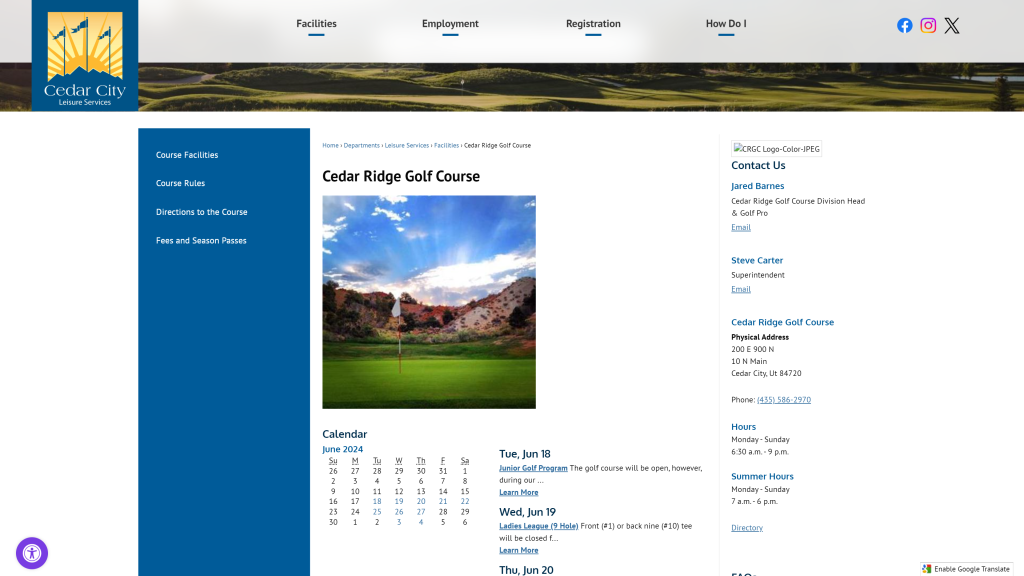 screenshot of the Cedar Ridge Golf Course public golf courses in connecticut homepage