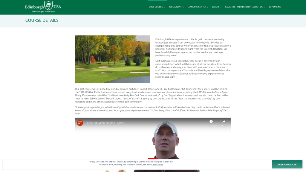 screenshot of the Edinburgh USA best public golf courses in Minnesota homepage