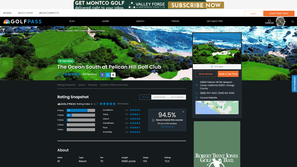 screenshot of the Pelican Hill Resort (Ocean South) homepage