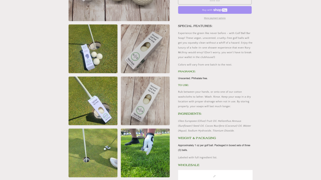 screenshot of the Golf ball-shaped soaps homepage