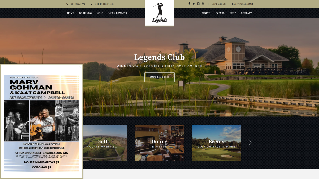 screenshot of the Legends Club homepage