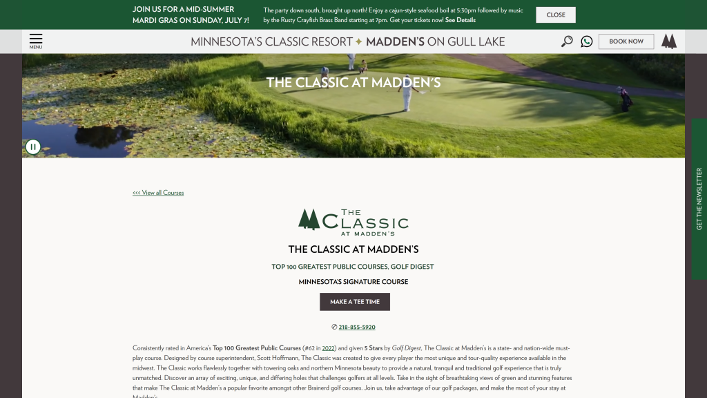 screenshot of the Madden's on Gull Lake - The Classic best public golf courses in Minnesota homepage