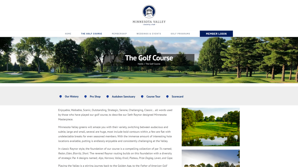 screenshot of the Minnesota Valley Country Club homepage