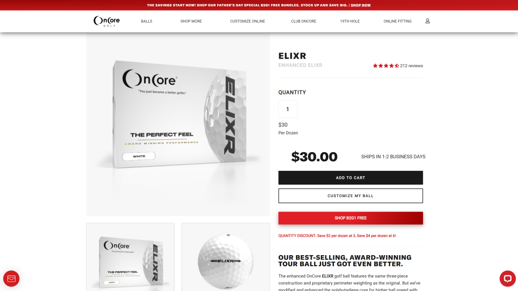 screenshot of the Oncore Elixr Golf Ball best golf balls homepage