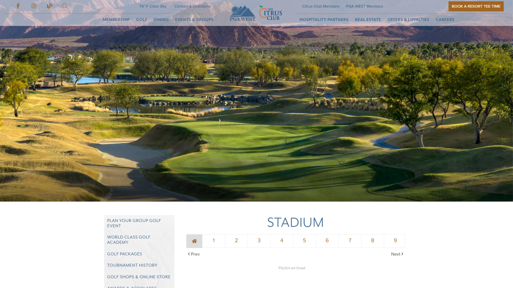 screenshot of the PGA West (Pete Dye Stadium) homepage