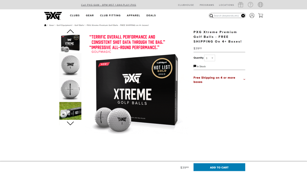 screenshot of the PXG Xtreme golf ball best golf balls for distance homepage