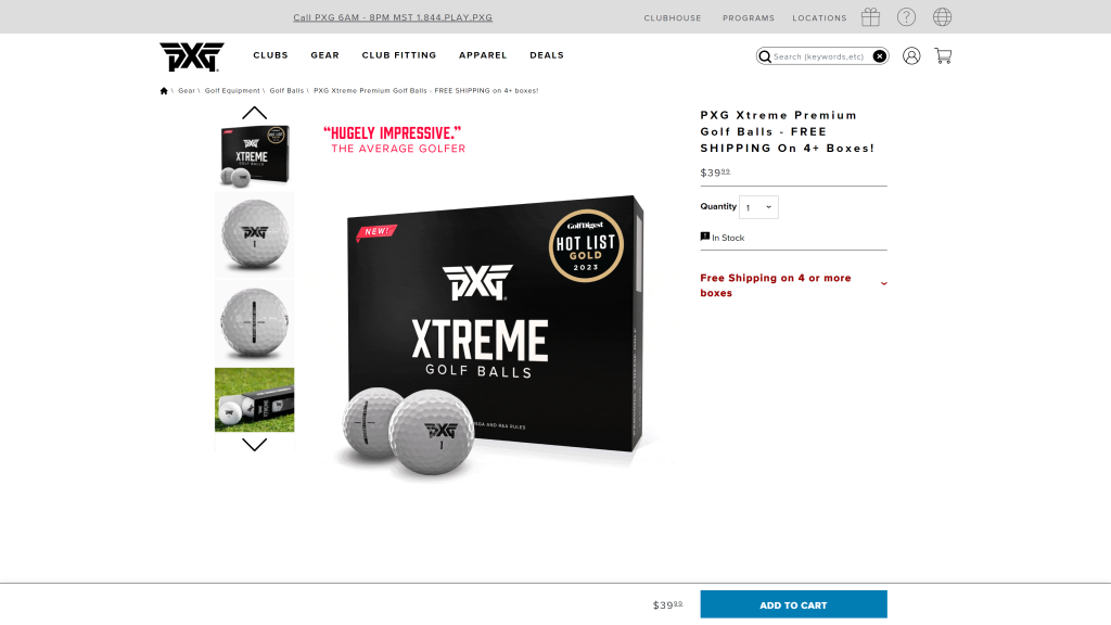 screenshot of the PXG Xtreme Golf Ball homepage