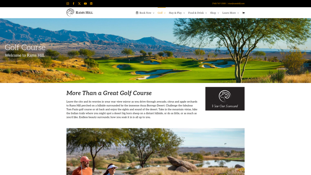 screenshot of the Rams Hill Golf Club homepage