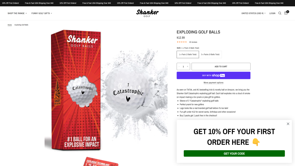 screenshot of the Shanker golf exploding balls funny golf gifts homepage