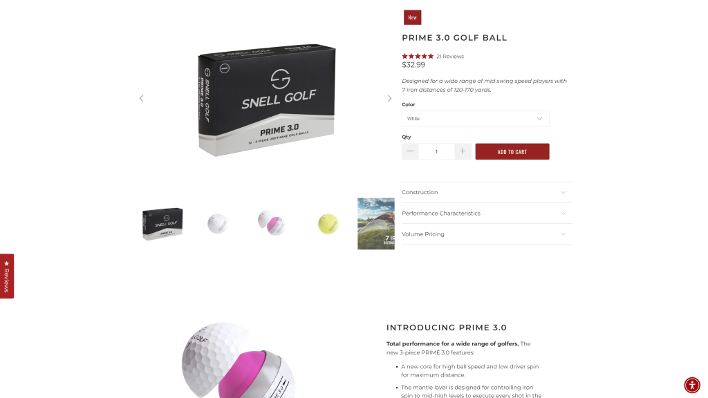 screenshot of the Snell MTB Prime Golf Ball best golf balls homepage