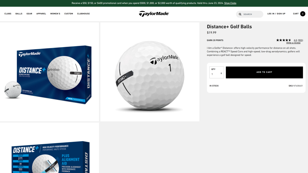 screenshot of the TaylorMade Distance+ Golf Ball homepaage