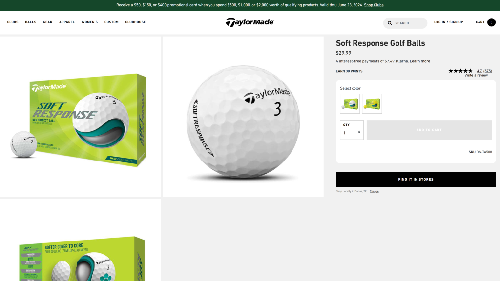 screenshot of the Taylormade Soft Response Golf Ball best golf balls homepage