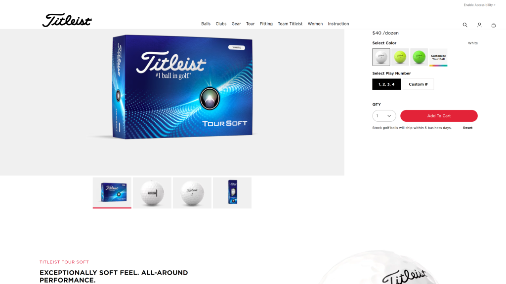 screenshot of the Titleist Tour Soft golf ball best golf balls for distance homepage