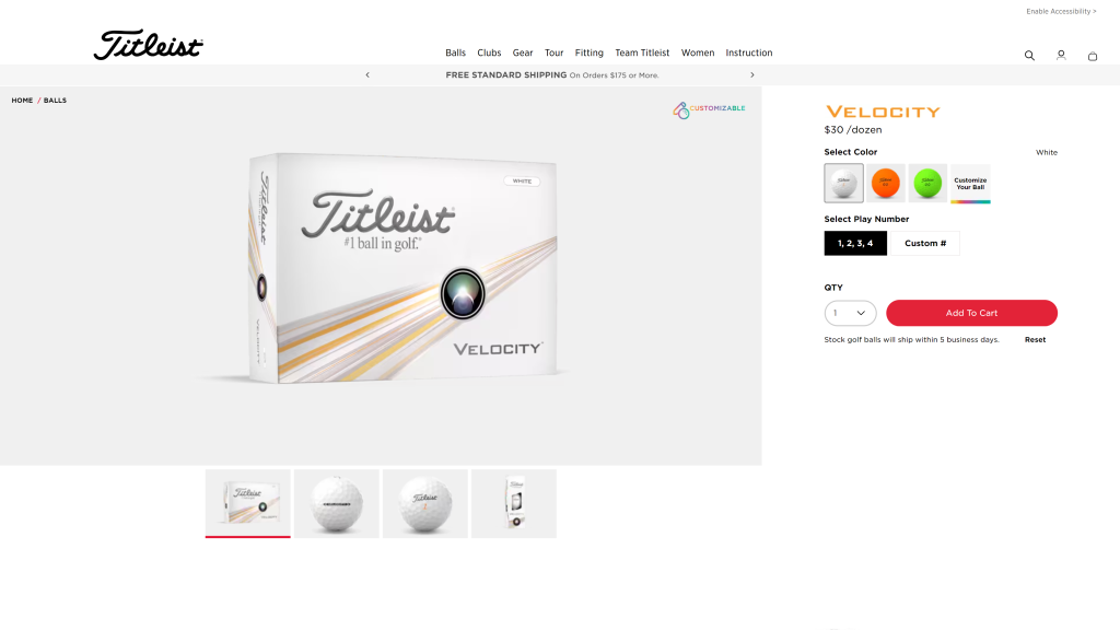 screenshot of the Titleist Velocity  homepage